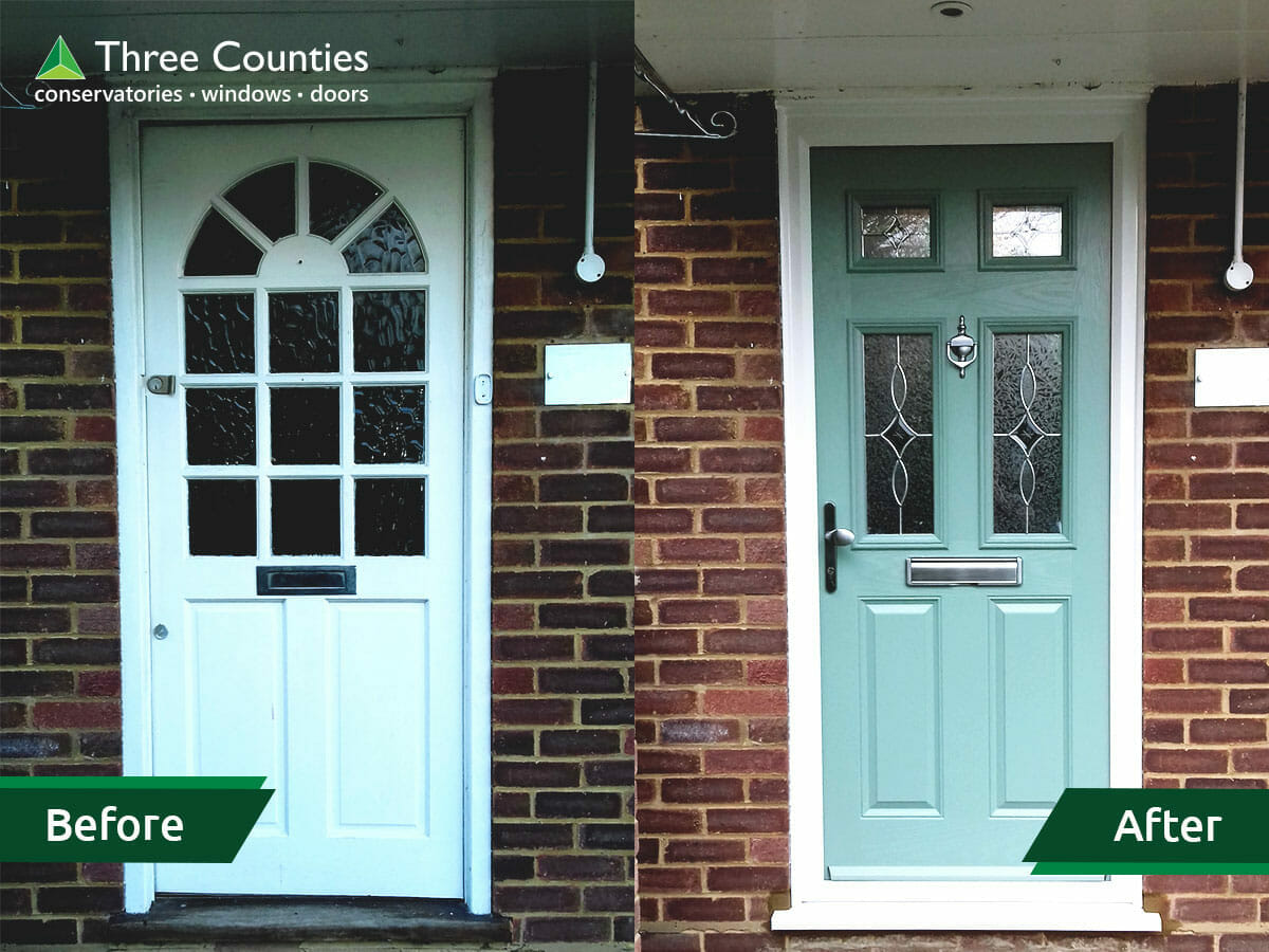 Installation of pale turquoise front door. Before and after. Three Counties Ltd