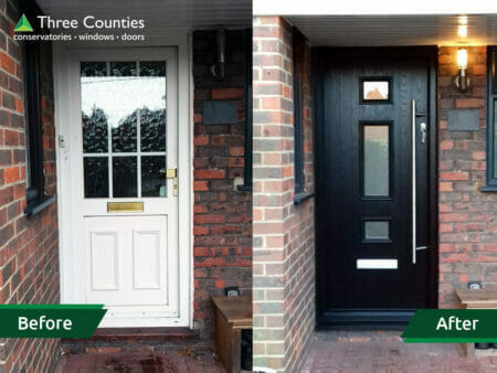 Installation of black front door. Before and after. Three Counties Ltd