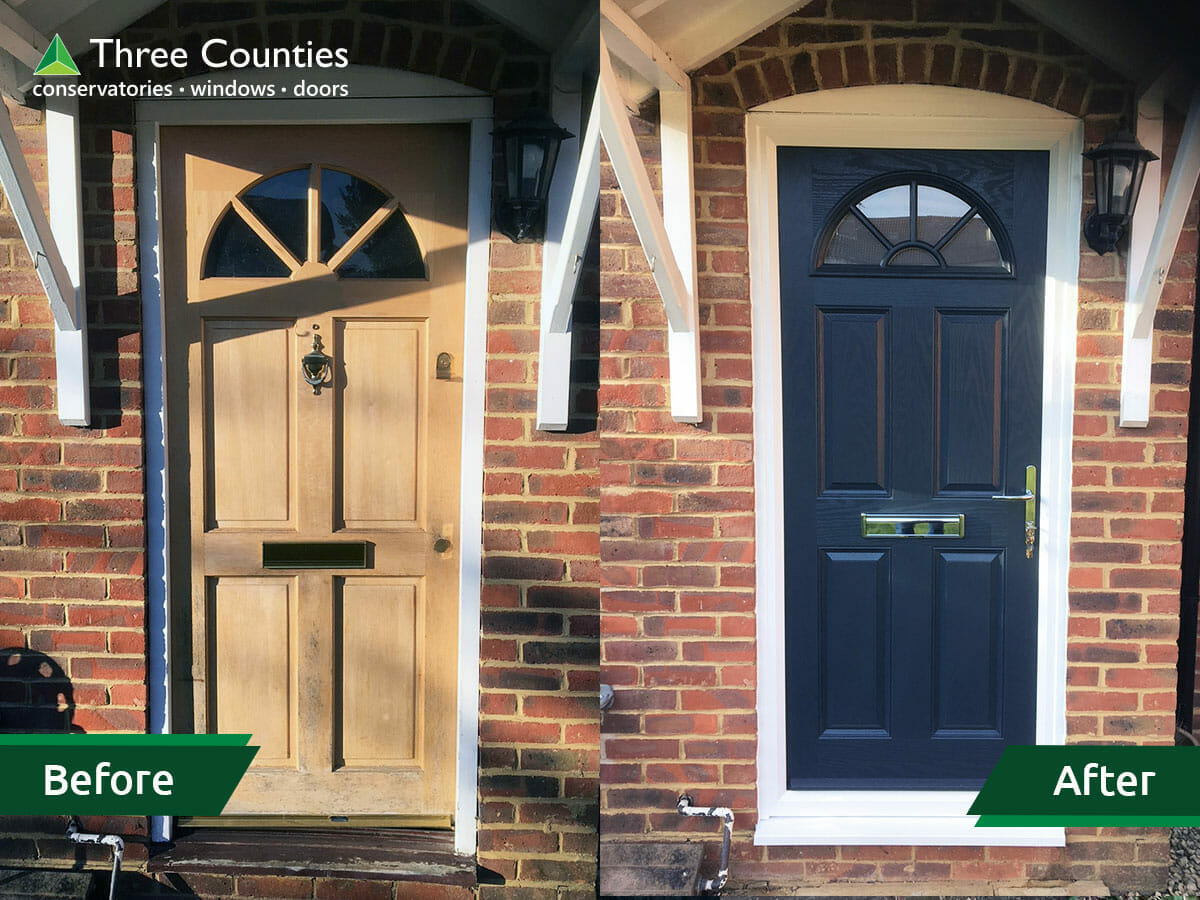 Installation of dark blue front door. Before and after. Three Counties Ltd