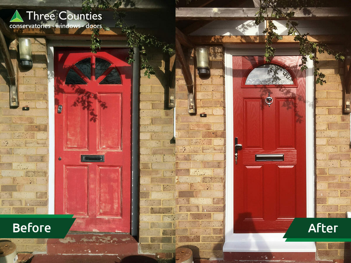 Installation of red front door. Before and after. Three Counties Ltd
