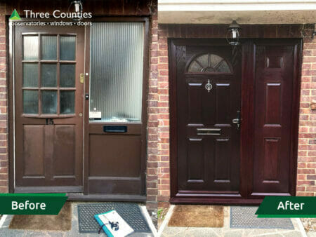 Installation of wood effect front door. Before and after. Three Counties Ltd