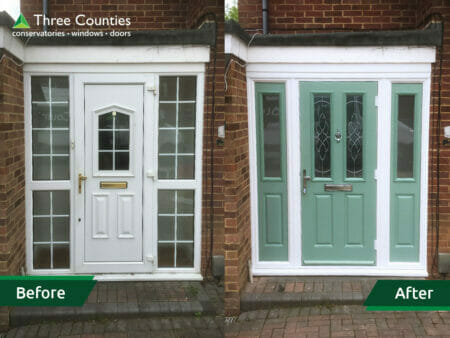 Installation of green front door. Before and after. Three Counties Ltd