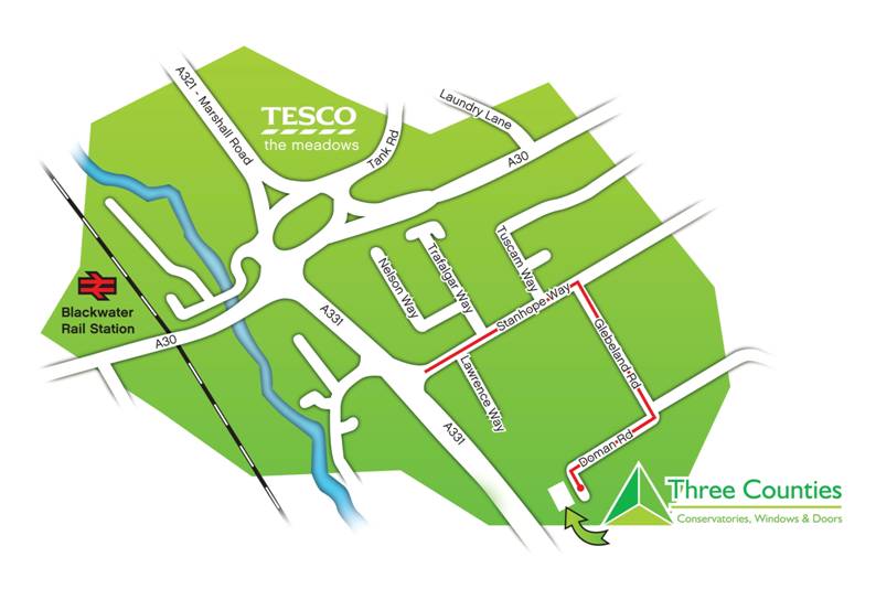 Three Counties - Showroom Map, Camberley, Surry.