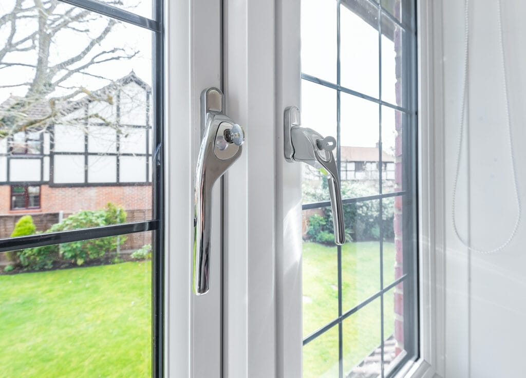 Close up of double-glazed windows with leading. Window installer was Three Counties